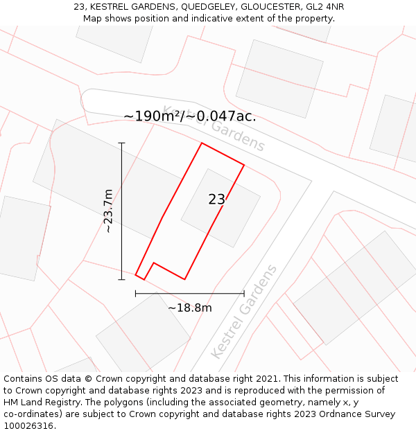 23, KESTREL GARDENS, QUEDGELEY, GLOUCESTER, GL2 4NR: Plot and title map
