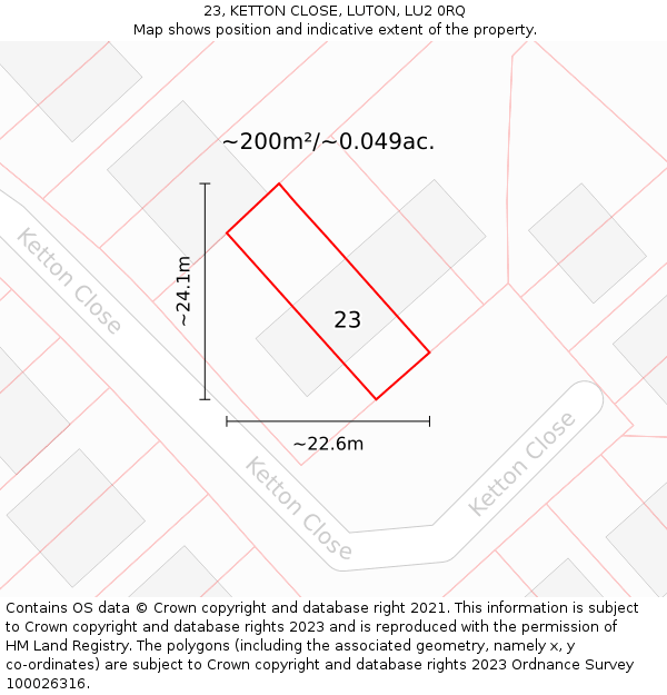 23, KETTON CLOSE, LUTON, LU2 0RQ: Plot and title map
