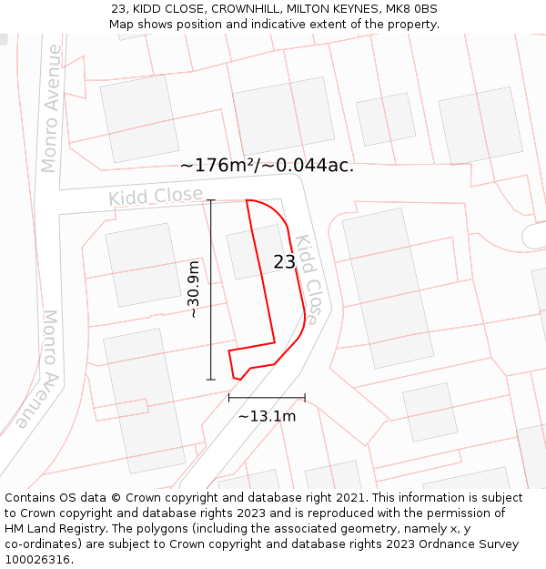 23, KIDD CLOSE, CROWNHILL, MILTON KEYNES, MK8 0BS: Plot and title map