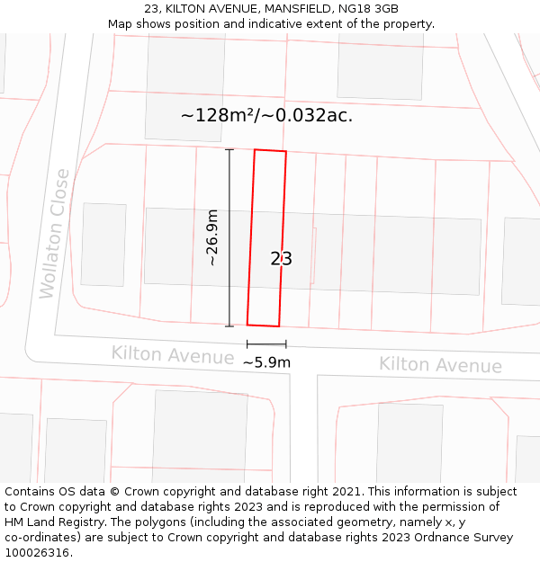 23, KILTON AVENUE, MANSFIELD, NG18 3GB: Plot and title map
