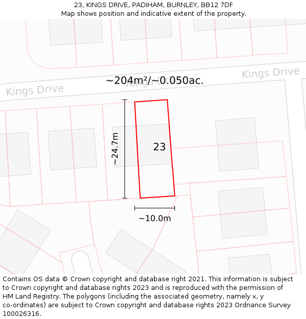 23, KINGS DRIVE, PADIHAM, BURNLEY, BB12 7DF: Plot and title map