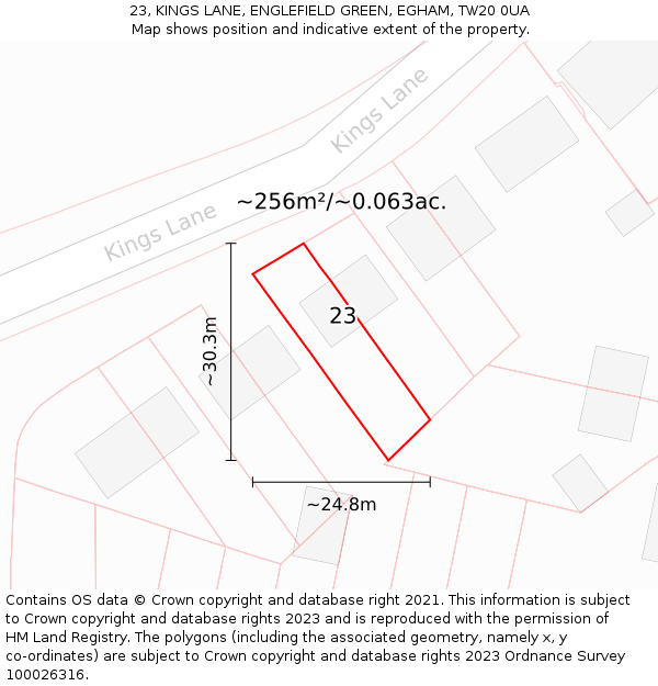 23, KINGS LANE, ENGLEFIELD GREEN, EGHAM, TW20 0UA: Plot and title map