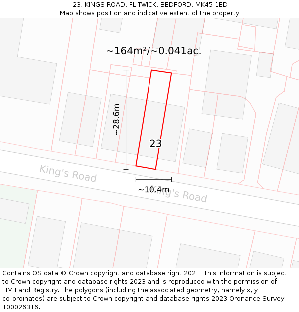 23, KINGS ROAD, FLITWICK, BEDFORD, MK45 1ED: Plot and title map