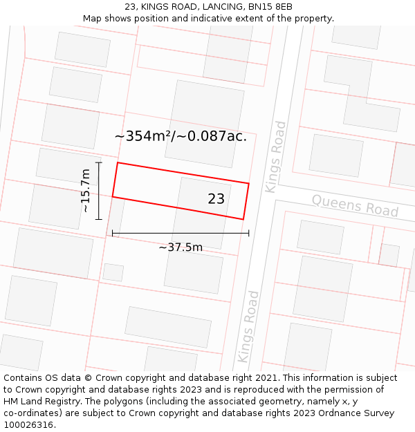 23, KINGS ROAD, LANCING, BN15 8EB: Plot and title map