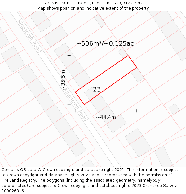 23, KINGSCROFT ROAD, LEATHERHEAD, KT22 7BU: Plot and title map