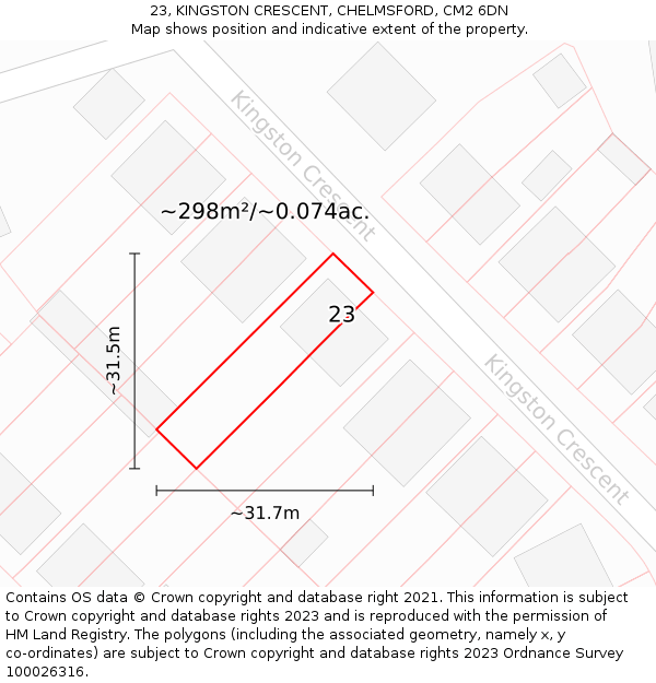 23, KINGSTON CRESCENT, CHELMSFORD, CM2 6DN: Plot and title map