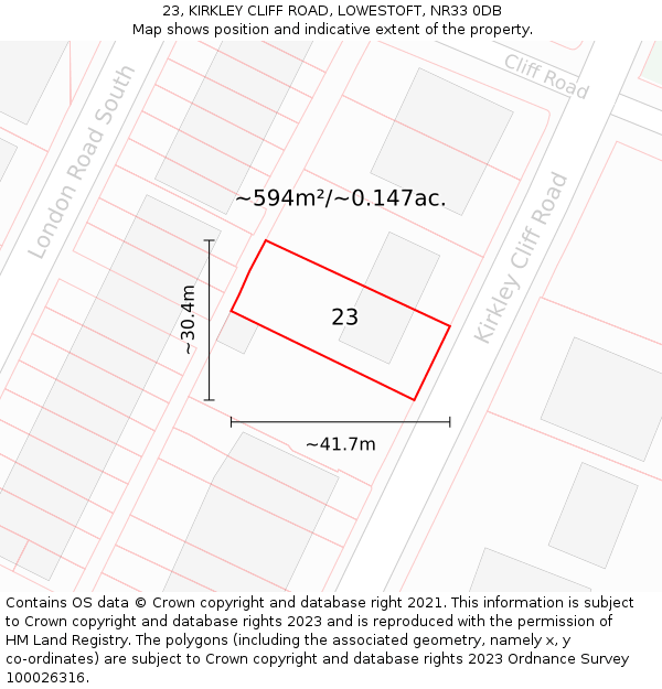 23, KIRKLEY CLIFF ROAD, LOWESTOFT, NR33 0DB: Plot and title map