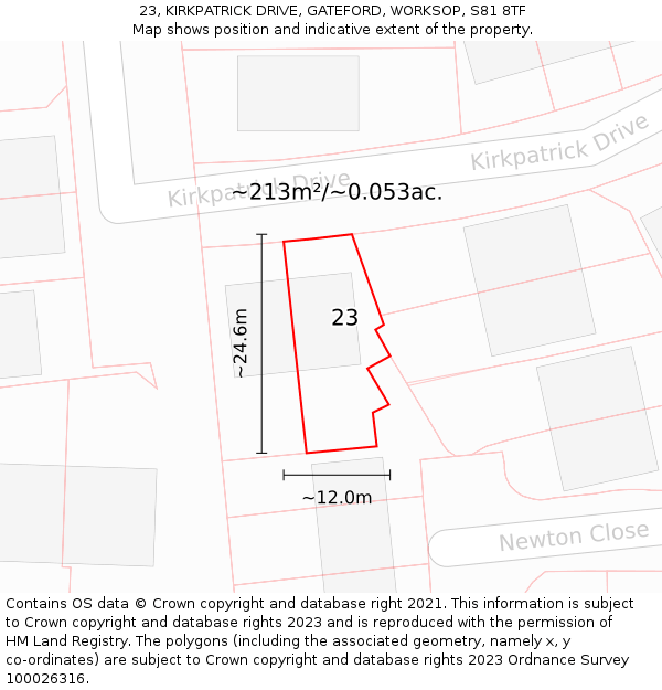 23, KIRKPATRICK DRIVE, GATEFORD, WORKSOP, S81 8TF: Plot and title map