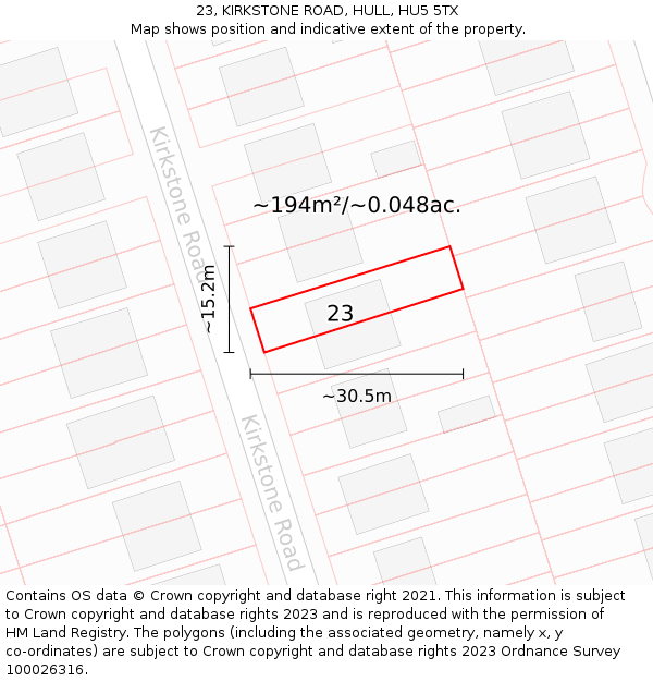 23, KIRKSTONE ROAD, HULL, HU5 5TX: Plot and title map