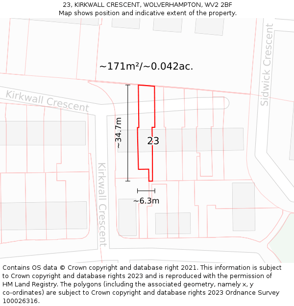 23, KIRKWALL CRESCENT, WOLVERHAMPTON, WV2 2BF: Plot and title map