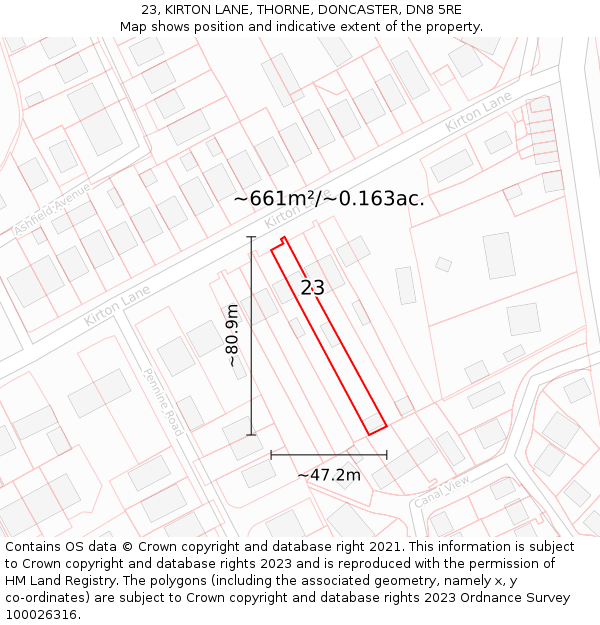 23, KIRTON LANE, THORNE, DONCASTER, DN8 5RE: Plot and title map