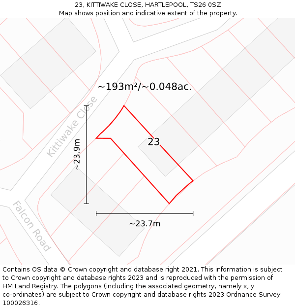 23, KITTIWAKE CLOSE, HARTLEPOOL, TS26 0SZ: Plot and title map