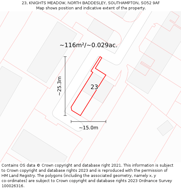 23, KNIGHTS MEADOW, NORTH BADDESLEY, SOUTHAMPTON, SO52 9AF: Plot and title map
