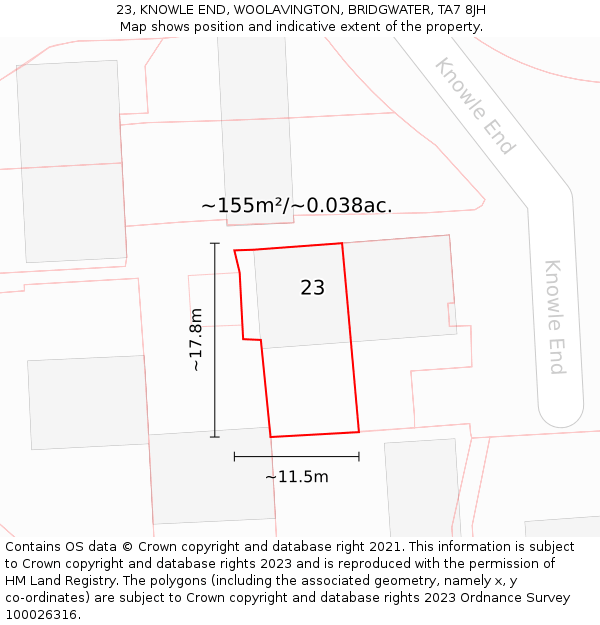 23, KNOWLE END, WOOLAVINGTON, BRIDGWATER, TA7 8JH: Plot and title map