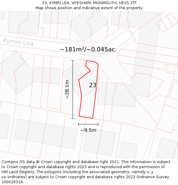 23, KYMIN LEA, WYESHAM, MONMOUTH, NP25 3TF: Plot and title map
