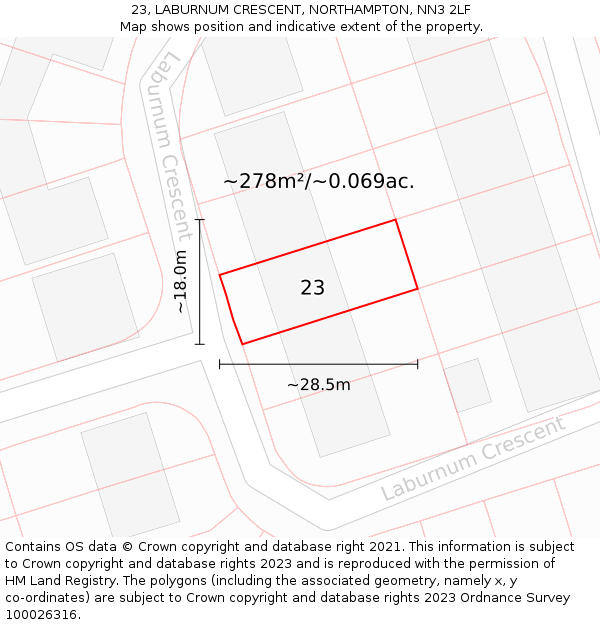 23, LABURNUM CRESCENT, NORTHAMPTON, NN3 2LF: Plot and title map