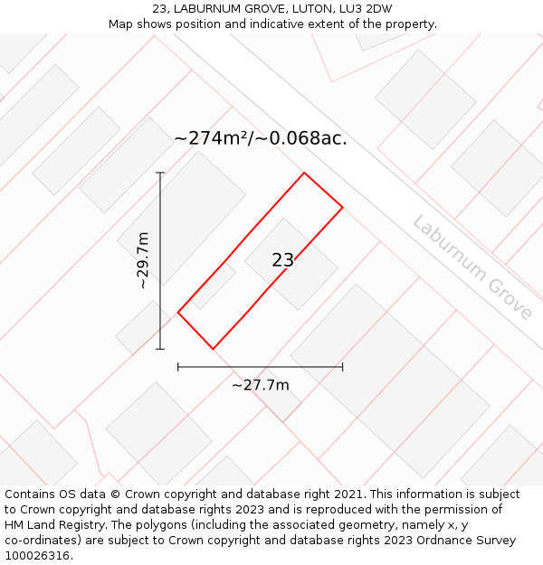 23, LABURNUM GROVE, LUTON, LU3 2DW: Plot and title map