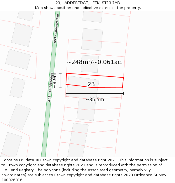 23, LADDEREDGE, LEEK, ST13 7AD: Plot and title map