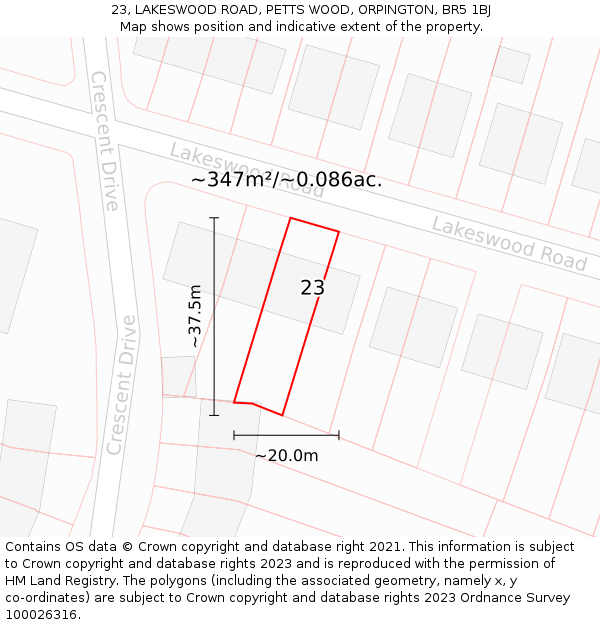 23, LAKESWOOD ROAD, PETTS WOOD, ORPINGTON, BR5 1BJ: Plot and title map