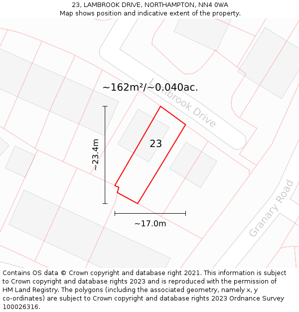 23, LAMBROOK DRIVE, NORTHAMPTON, NN4 0WA: Plot and title map
