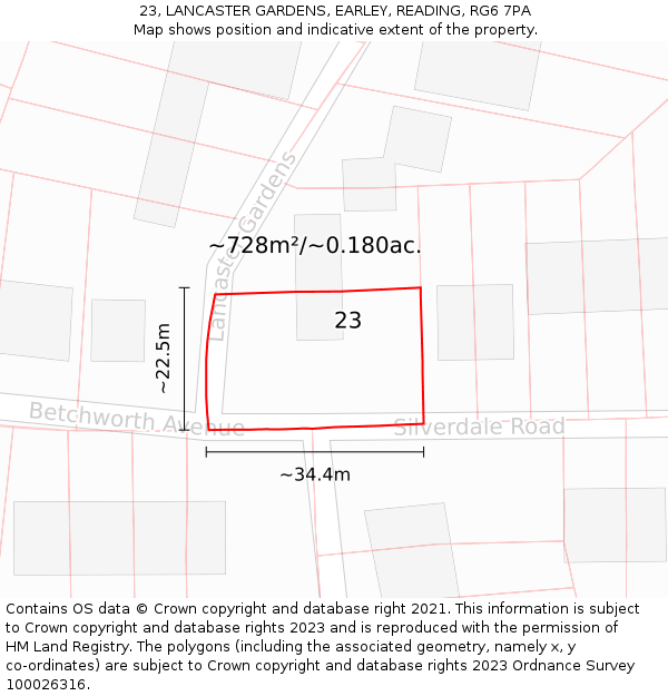 23, LANCASTER GARDENS, EARLEY, READING, RG6 7PA: Plot and title map