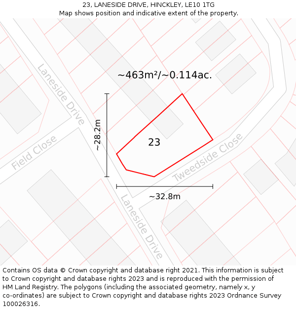 23, LANESIDE DRIVE, HINCKLEY, LE10 1TG: Plot and title map