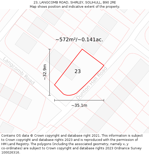23, LANGCOMB ROAD, SHIRLEY, SOLIHULL, B90 2RE: Plot and title map