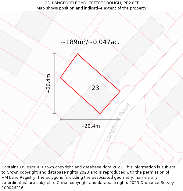 23, LANGFORD ROAD, PETERBOROUGH, PE2 8EF: Plot and title map
