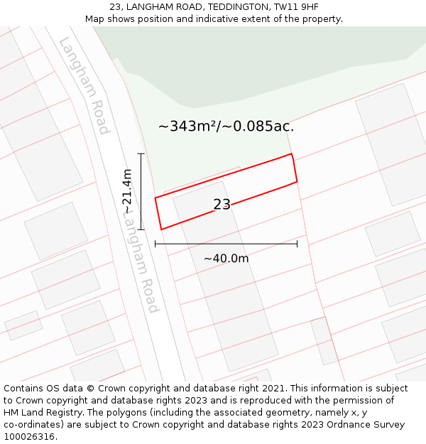 23, LANGHAM ROAD, TEDDINGTON, TW11 9HF: Plot and title map