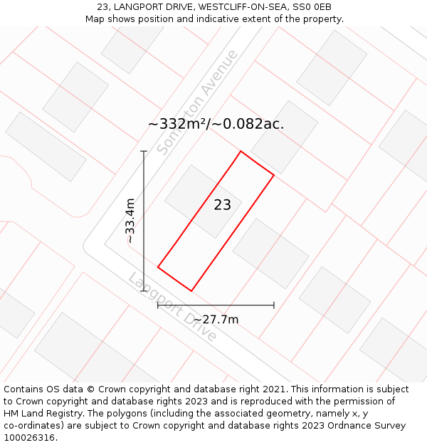 23, LANGPORT DRIVE, WESTCLIFF-ON-SEA, SS0 0EB: Plot and title map