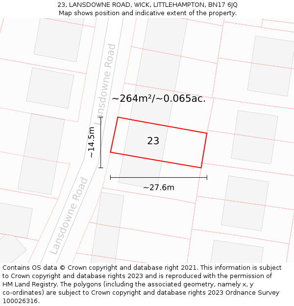 23, LANSDOWNE ROAD, WICK, LITTLEHAMPTON, BN17 6JQ: Plot and title map