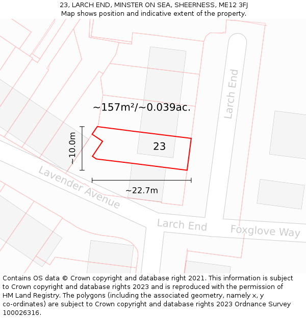 23, LARCH END, MINSTER ON SEA, SHEERNESS, ME12 3FJ: Plot and title map