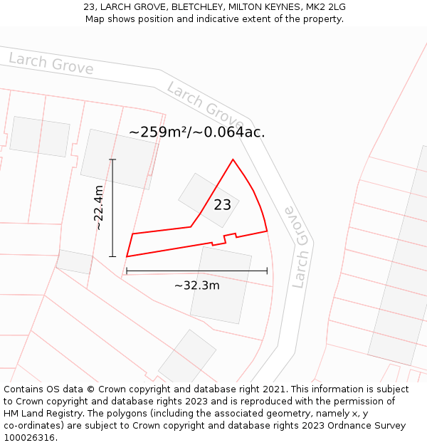 23, LARCH GROVE, BLETCHLEY, MILTON KEYNES, MK2 2LG: Plot and title map