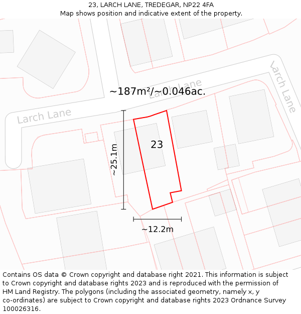 23, LARCH LANE, TREDEGAR, NP22 4FA: Plot and title map
