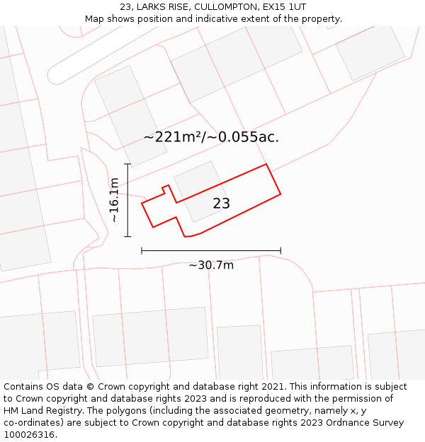 23, LARKS RISE, CULLOMPTON, EX15 1UT: Plot and title map