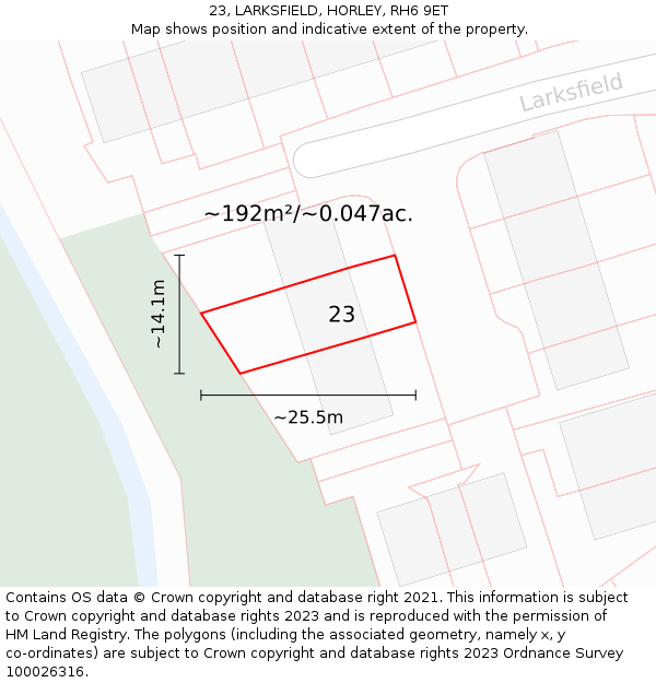 23, LARKSFIELD, HORLEY, RH6 9ET: Plot and title map