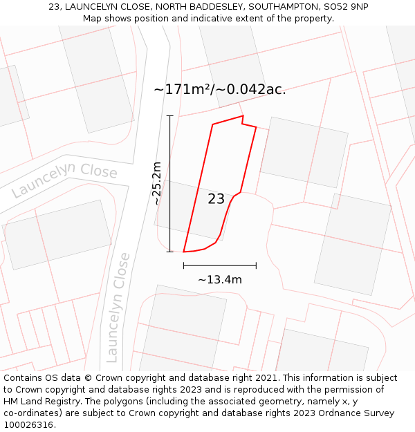 23, LAUNCELYN CLOSE, NORTH BADDESLEY, SOUTHAMPTON, SO52 9NP: Plot and title map