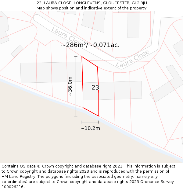 23, LAURA CLOSE, LONGLEVENS, GLOUCESTER, GL2 9JH: Plot and title map