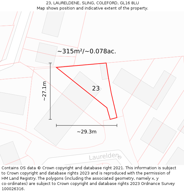 23, LAURELDENE, SLING, COLEFORD, GL16 8LU: Plot and title map