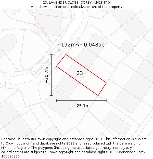 23, LAVENDER CLOSE, CORBY, NN18 8NX: Plot and title map