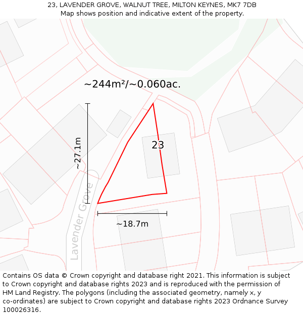 23, LAVENDER GROVE, WALNUT TREE, MILTON KEYNES, MK7 7DB: Plot and title map