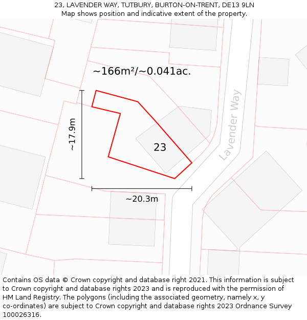 23, LAVENDER WAY, TUTBURY, BURTON-ON-TRENT, DE13 9LN: Plot and title map