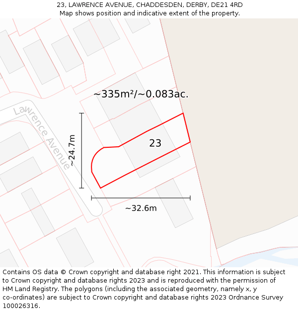 23, LAWRENCE AVENUE, CHADDESDEN, DERBY, DE21 4RD: Plot and title map