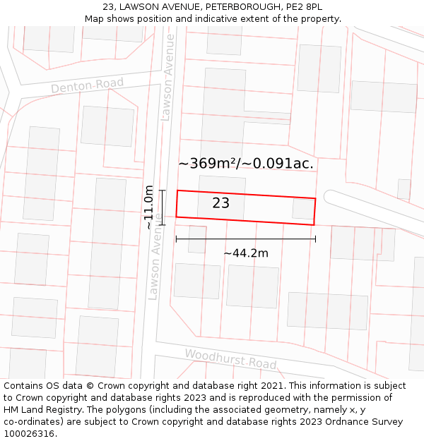 23, LAWSON AVENUE, PETERBOROUGH, PE2 8PL: Plot and title map