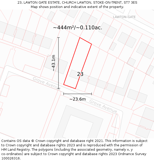 23, LAWTON GATE ESTATE, CHURCH LAWTON, STOKE-ON-TRENT, ST7 3ES: Plot and title map