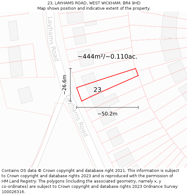23, LAYHAMS ROAD, WEST WICKHAM, BR4 9HD: Plot and title map