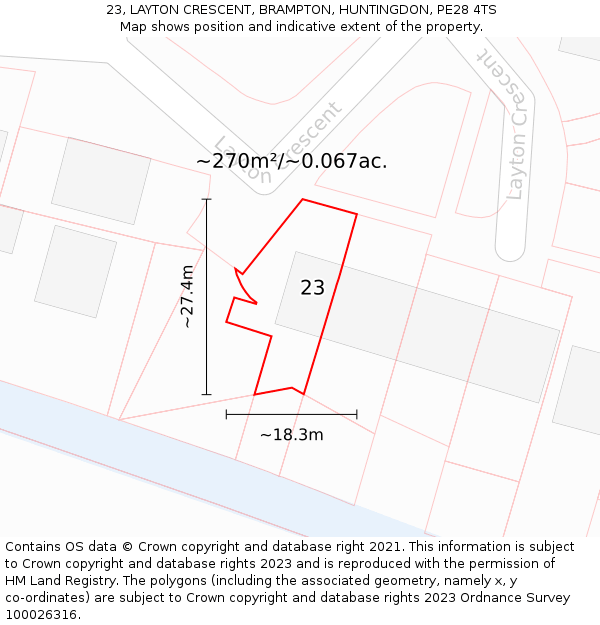 23, LAYTON CRESCENT, BRAMPTON, HUNTINGDON, PE28 4TS: Plot and title map