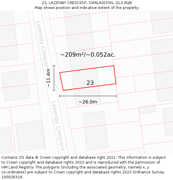 23, LAZENBY CRESCENT, DARLINGTON, DL3 9QB: Plot and title map