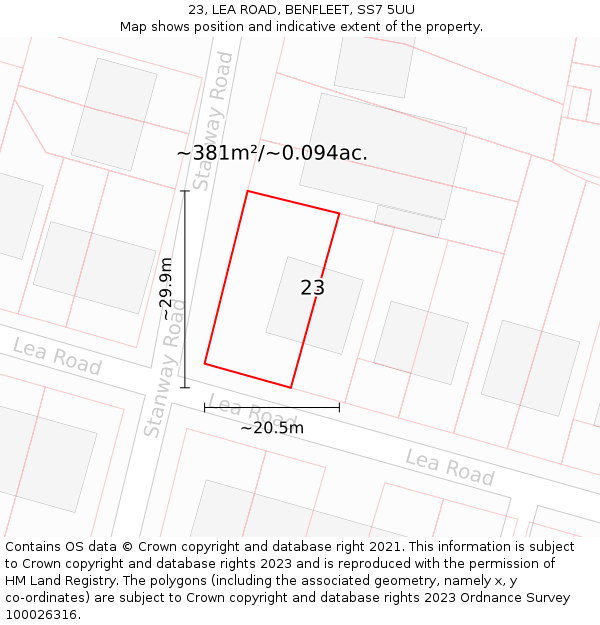 23, LEA ROAD, BENFLEET, SS7 5UU: Plot and title map