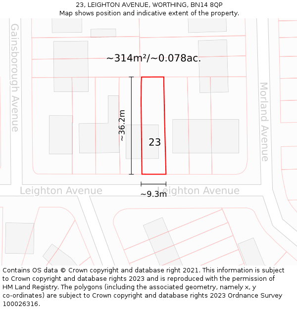 23, LEIGHTON AVENUE, WORTHING, BN14 8QP: Plot and title map